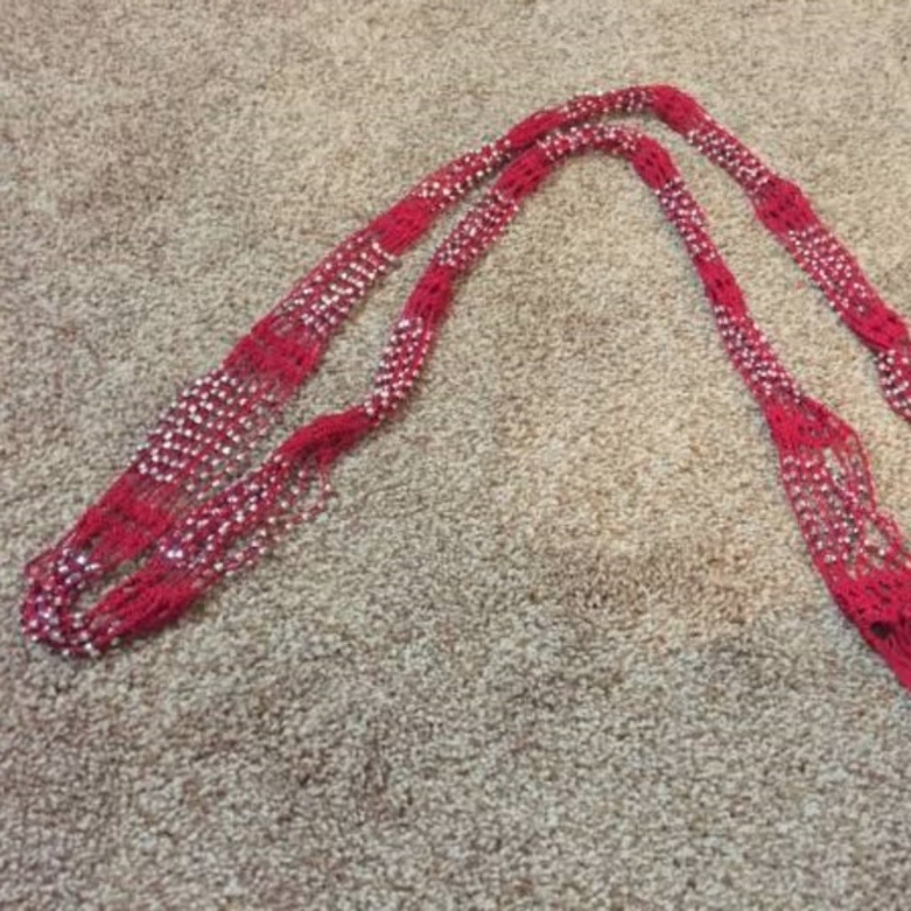 Red Crochet Beaded Rhinestone Gem Scarf